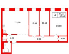 3-комн. кв. 106 м² 5/5 этаж