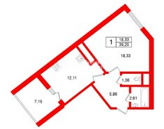 1-комн. кв. 39.2 м² 4/22 этаж