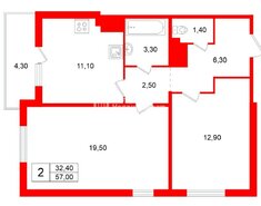 2-комн. кв. 57 м² 23/24 этаж
