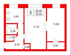 2-комн. кв. 44.5 м² 1/5 этаж