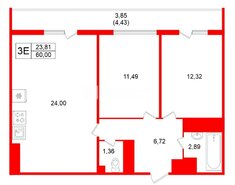 2-комн. кв. 60 м² 11/19 этаж
