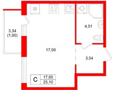 Студия 25.1 м² 2/19 этаж