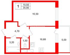 1-комн. кв. 35.9 м² 5/12 этаж