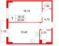 1-комн. кв. 43.4 м² 2/10 этаж