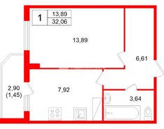 1-комн. кв. 32 м² 13/18 этаж
