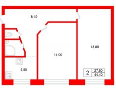 2-комн. кв. 44.4 м² 1/5 этаж
