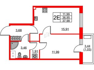 Квартира в ЖК FRIENDS, 1 комнатная, 38.9 м², 25 этаж