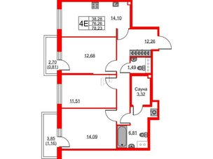 Квартира в ЖК FRIENDS, 3 комнатная, 78.23 м², 21 этаж