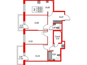 Квартира в ЖК FRIENDS, 3 комнатная, 78.23 м², 23 этаж