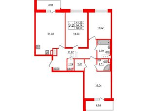 Квартира в ЖК Стрижи в Невском 2, 3 комнатная, 84.14 м², 4 этаж