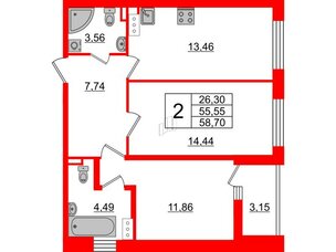 Квартира в ЖК «Черная Речка», 2 комнатная, 55.55 м², 3 этаж