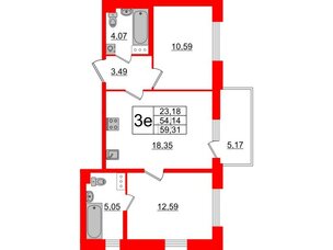 Квартира в ЖК «Черная Речка», 2 комнатная, 54.14 м², 3 этаж