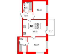 Квартира в ЖК «Черная Речка», 2 комнатная, 54.14 м², 14 этаж