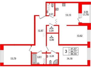 Квартира в ЖК Квартал Уютный, 3 комнатная, 86.55 м², 3 этаж