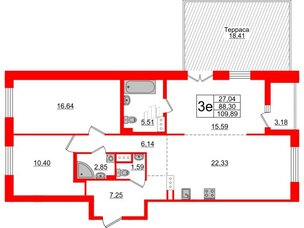 Квартира в ЖК «Черная Речка», 2 комнатная, 88.3 м², 12 этаж
