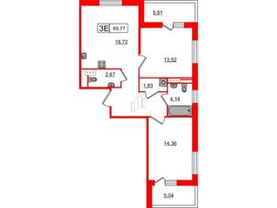 Квартира в ЖК «Янила», 2 комнатная, 69.65 м², 3 этаж