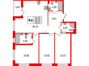 Квартира в ЖК «Черная Речка», 3 комнатная, 90.04 м², 2 этаж