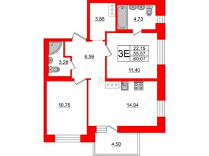 Квартира в ЖК «Северный», 2 комнатная, 55.57 м², 15 этаж