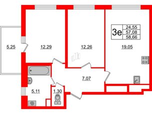 Квартира в ЖК ЯСНО.ЯНИНО, 2 комнатная, 57.08 м², 2 этаж