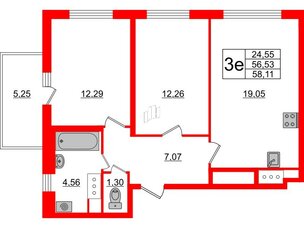 Квартира в ЖК ЯСНО.ЯНИНО, 2 комнатная, 56.53 м², 3 этаж