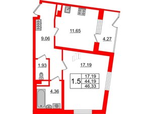 Квартира в ЖК Зеленый квартал на Пулковских высотах, 1 комнатная, 44.19 м², 1 этаж