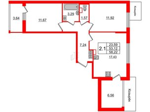 Квартира в ЖК «Солнечный город», 2 комнатная, 53.12 м², 2 этаж