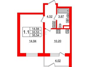 Квартира в ЖК Зеленый квартал на Пулковских высотах, 1 комнатная, 33.53 м², 1 этаж