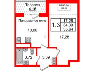 Квартира в ЖК Зеленый квартал на Пулковских высотах, 1 комнатная, 34.39 м², 5 этаж