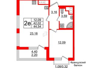 Квартира в ЖК GloraX Заневский, 1 комнатная, 44.54 м², 3 этаж