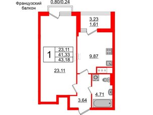 Квартира в ЖК GloraX Заневский, 1 комнатная, 43.18 м², 9 этаж