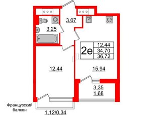Квартира в ЖК GloraX Заневский, 1 комнатная, 36.72 м², 12 этаж