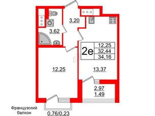 Квартира в ЖК GloraX Заневский, 1 комнатная, 34.16 м², 11 этаж