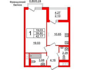 Квартира в ЖК GloraX Заневский, 1 комнатная, 42.17 м², 12 этаж
