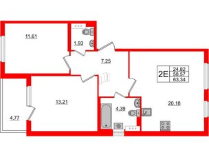 Квартира в ЖК «Новое Сертолово», 2 комнатная, 58.57 м², 2 этаж