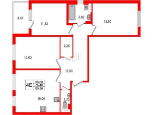 Квартира в ЖК «Новое Сертолово», 3 комнатная, 76.4 м², 2 этаж