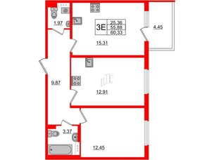Квартира в ЖК «Новое Сертолово», 2 комнатная, 55.88 м², 3 этаж