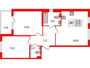 Квартира в ЖК «Новое Сертолово», 2 комнатная, 58.96 м², 2 этаж