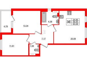 Квартира в ЖК «Новое Сертолово», 2 комнатная, 58.5 м², 3 этаж