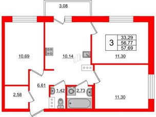 Квартира в ЖК ID Мурино 2, 3 комнатная, 57.69 м², 12 этаж