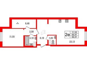 Квартира в ЖК ID Кудрово, 1 комнатная, 56.91 м², 2 этаж