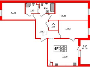 Квартира в ЖК «Янила», 3 комнатная, 88.59 м², 5 этаж