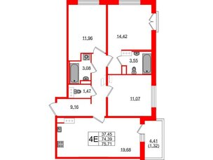 Квартира в ЖК «Янила», 3 комнатная, 75.71 м², 5 этаж