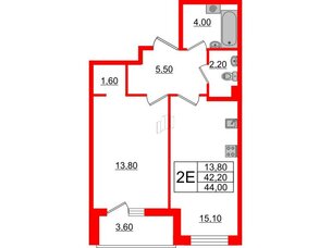 Квартира в ЖК Энфилд, 1 комнатная, 44 м², 2 этаж