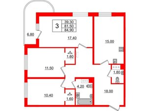 Квартира в ЖК Энфилд, 3 комнатная, 84.9 м², 9 этаж