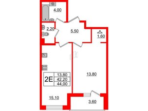 Квартира в ЖК Энфилд, 1 комнатная, 44 м², 2 этаж