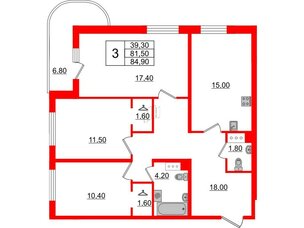 Квартира в ЖК Энфилд, 3 комнатная, 84.9 м², 8 этаж