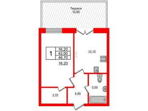 Квартира в ЖК NEWПИТЕР, 1 комнатная, 46.7 м², 1 этаж