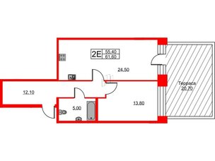 Квартира в ЖК NEWПИТЕР, 1 комнатная, 61.6 м², 1 этаж
