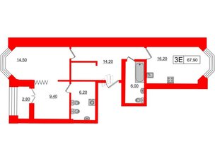 Квартира в ЖК 'Новое Купчино', 2 комнатная, 67.9 м², 2 этаж