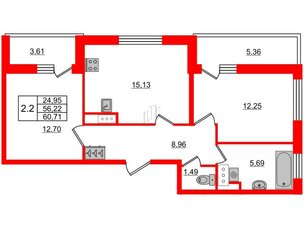 Квартира в ЖК 'Pulse Premier', 2 комнатная, 56.22 м², 13 этаж